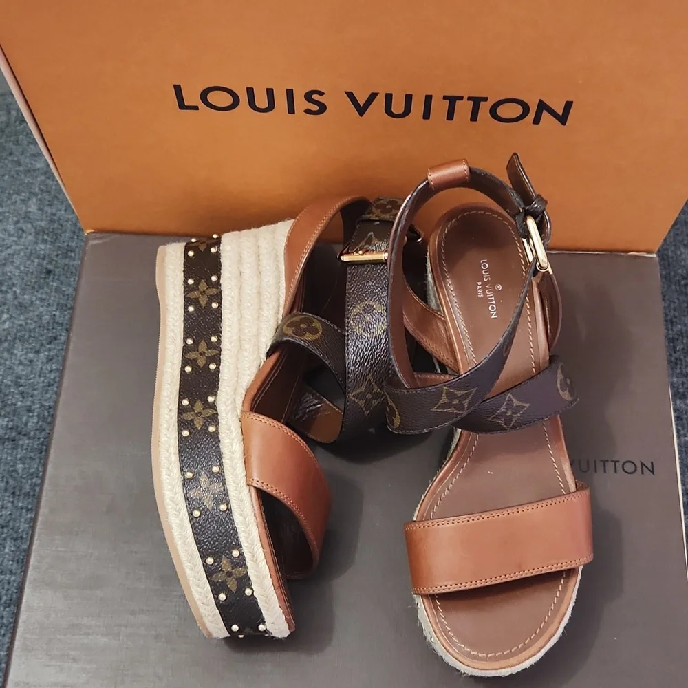 Louis Vuitton Brown Monogram Leather Platform Espadrille Sandals
